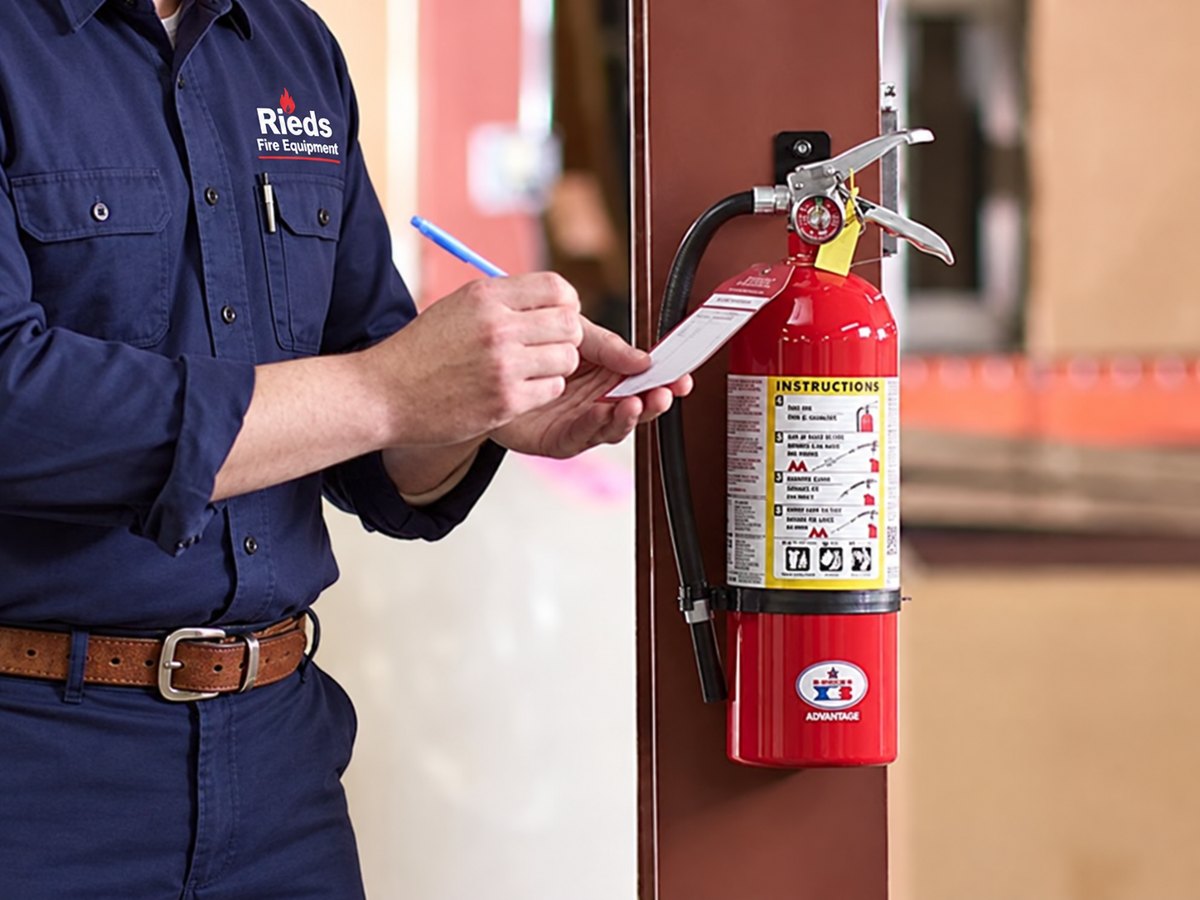 Red fire extinguishers with service tags