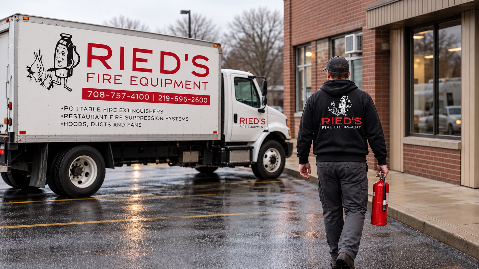 Ried's Fire Equipment truck and technician outside a local business